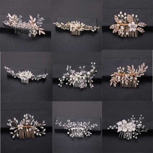 GETNOIVAS Handmade Alloy Pearl Beads Headband Tiaras Crystal Rhinestone Hair Combs Hair Pins Bridal Wedding Hair Accessories SL