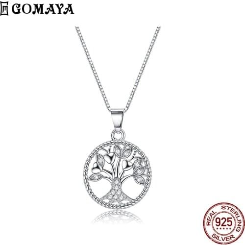 GOMAYA Light Luxury 925 Sterling Silver Necklace For Women Life Tree Cubic Zirconia Leaf Pendant Necklace Disk Shape Jewelry