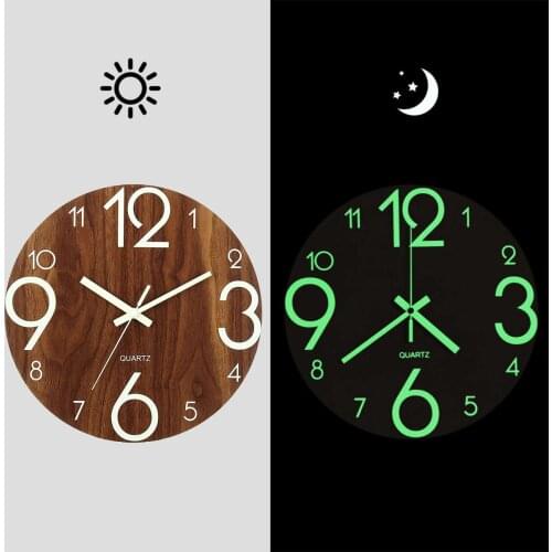 Hot-Luminous Wall Clock,12 Inch Wooden Silent Non-Ticking Kitchen Wall Clocks With Night Lights For Indoor/Outdoor Living Room