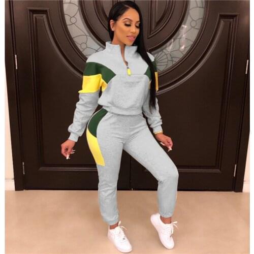 Imcute Women Sport 2 Two Piece Tracksuit Color Patchwork Full Sleeve Turn-down Collar Sweatshirt Pants Casual Sweatsuit Outfits