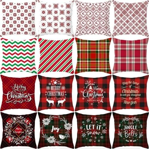 Red Plaid Geometric Pillow Case Polyester Pillow Decor Bedroom Christmas Elk Pattern Throw Pillow Case Home Decorative