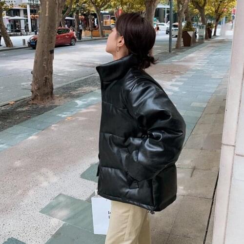 Faux Leather Winter Jacket Solid Thicken Zipper Warm Windproof Jackets Clothing For Women Korean Coats 2021Cotton Liner now Coat
