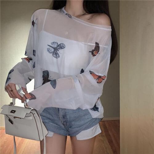 Summer Thin Sunscreen Clothing Female Student Loose Mid-length Butterfly Print Net Red Same Paragraph Strapless Chiffon Top