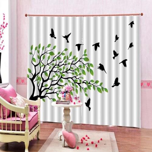 Flying Birds Curtains Spring Tree Silhouette Flyind Birds Wind Liberty Peace Design Window Drapes For Living room Bedroom Decor