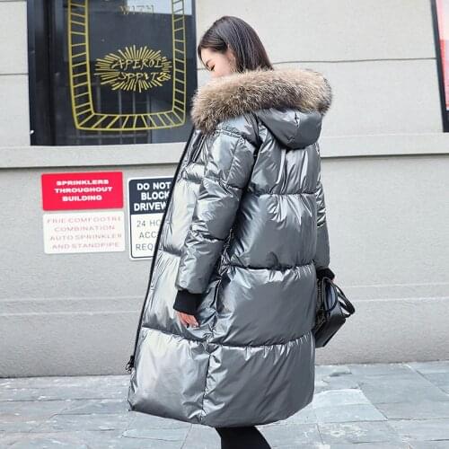 Fashionable Glossy Silver Down Jackets Winter Womens Long Fur Collar Hooded Coat 2021 New Thick Warm Parkas Outwear