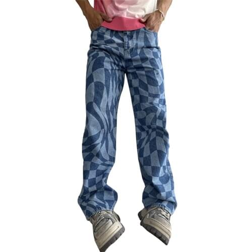 Fashion Mens Plaid Jeans Pants Brand Designer Baggy Hip Hop Denim Trousers Loose Fit Blue Checked Print Jeans New Arrival