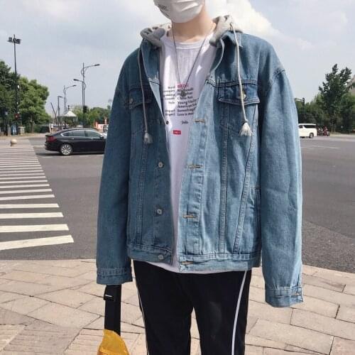 Mens Denim Jacket Hong Kong Style Denim Coat Mens Loose Trend Korean Versatile Hip Hop Handsome Student Hooded Denim Jacket