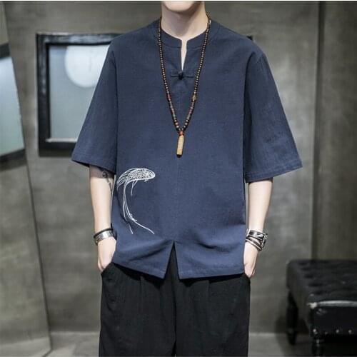 Summer Chinese Style Hanfu Men Short Sleeve Cotton T-Shirt Kung Fu Tai Chi Tee Tops Zen Tea Art Qipao Shirt Casual Blouse 30403