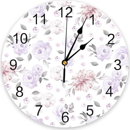 Watercolor Flower Leaves Lavender Color Wall Clock Modern Design Hanging Watch for Home Decoration Home Living Room Wall Art