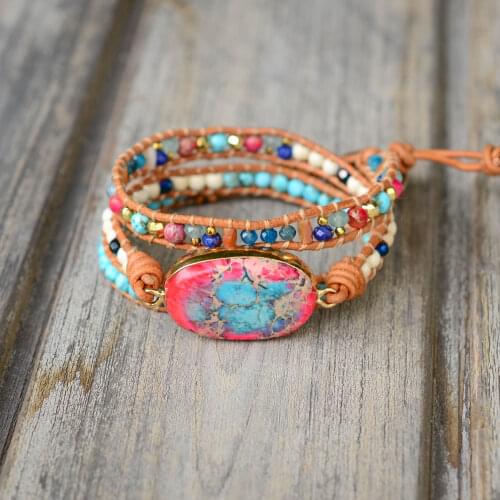 New BOHO Leather Bracelet Blue&Pink Stone 3 Wrap Bracelet Stone Bracelet Adjustable