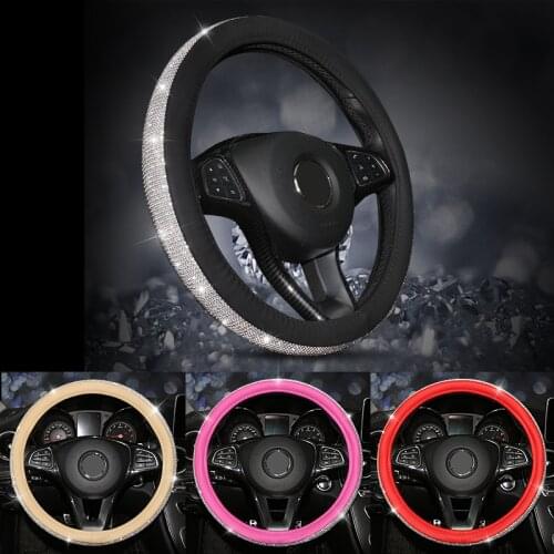Luxury Diamond Crystal Rhinestone Car Leather Steering Wheel Covers Cap Auto Car Interior Accessories for Women Girls
