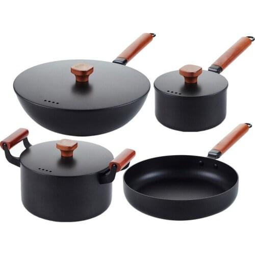 Japanese ancient iron pot with three or four piece set combination pot household frying pan non stick soup stewpan Chinese wok