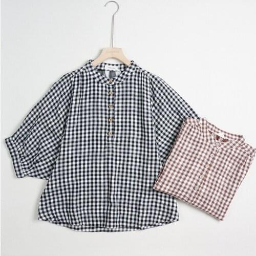 Japanese Mori Girl Style Double Cotton Gauze Plaid Stand Collar Pullover Bat Sleeve Shirt Retro Literary Sweet Age Reducing Top