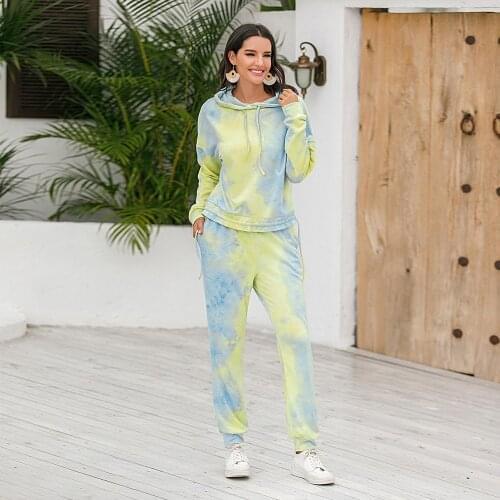Womens fashion clothes sets autumn hooded sweatshirts with causal long pants tie-dye print ruffled edge for ladies sports home