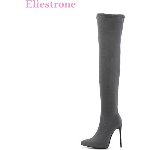 Brand New Fashion Winter Black Gray Women Thigh High Boots Stiletto Heels Lady Bridal Shoes S873 Plus Big Size 10 43 45 48