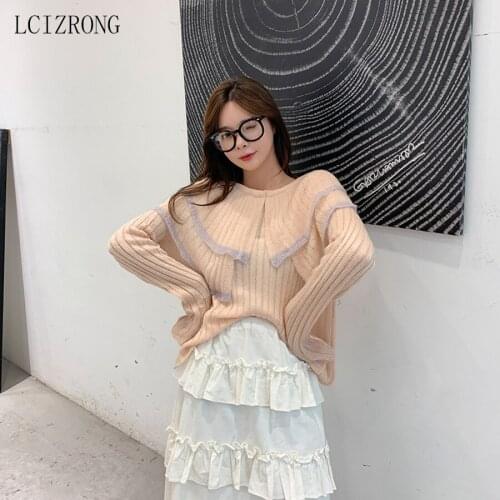 Ruffled Collar Knitted Women Spring Autumn New Loose Sweater Fashion Long Sleeve Sweater Cute Girl Pullover