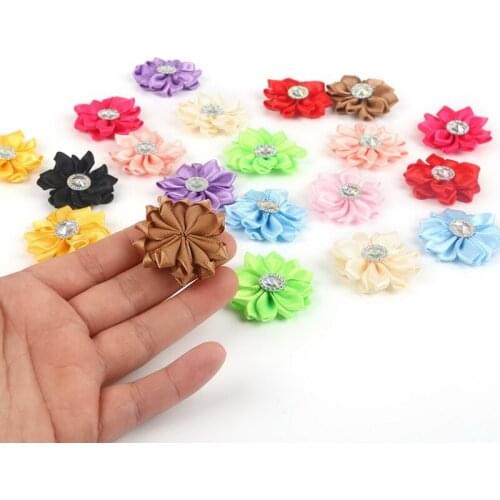 20Pcs/lot Handmade Small Fabric Satin Flowers with Rhinestone Appliques Sewing Wedding Garment Accessories Flowers