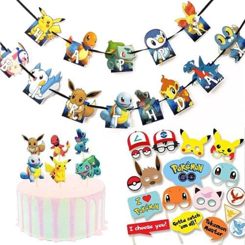 1 set Pokemon theme Cartoon Pikachu Party supplies Birthday party banner Cake flag Photo props Childrens party supplies Suit
