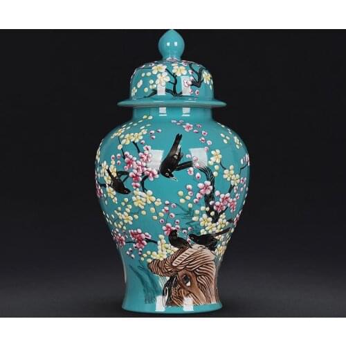 Jingdezhen Ceramics temple jar vase Famille Rose Hand-painted decorative porcelain Ginger jar with lid flower bird pattern blue