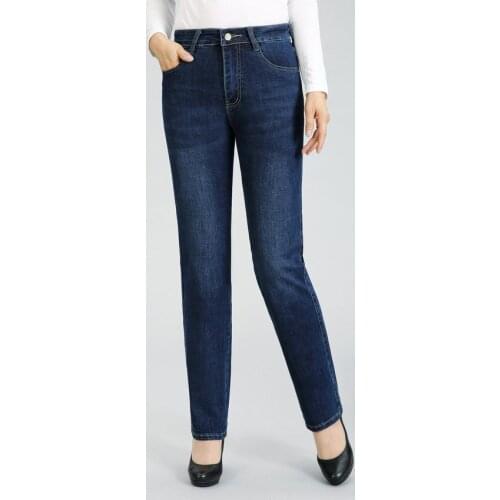 Middle Aged Women Blue Jeans Pants Autumn Spring Middle Waist Design Denim Trouser Woman Comfort Jeans For Mother Plus Size WEAR