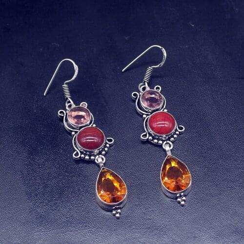 Gemstonefactory Big Promotion Unique 925 Silver Honey Topaz Coral Amethyst Women Ladies Gifts Dangle Drop Earrings 20211869