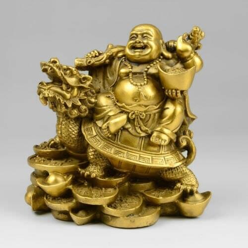 Exquisite Copper Wealth Money Happy Laugh Maitreya Buddha Dragon Turtle Statue