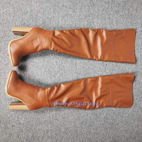 Brown Leather Pointed Toe Glori Designer Over The Knee Block Chunky Heeled Women Winter Autumn Long Boots plus size 46