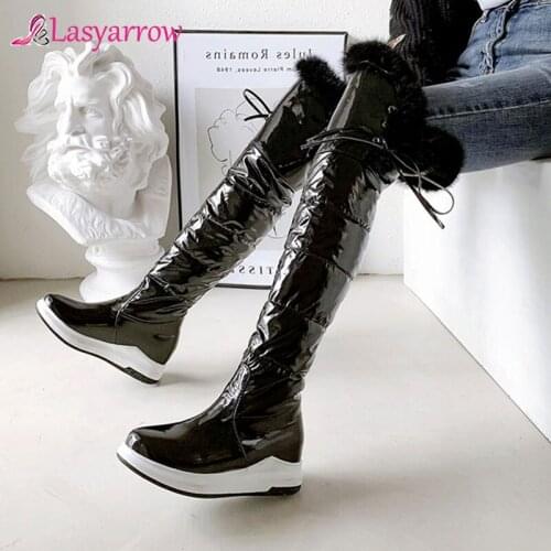 Lasyarrow Snow boots for women shoes platform pu leather high quality Rabbit hair over the knee winter bottom non-slip boots