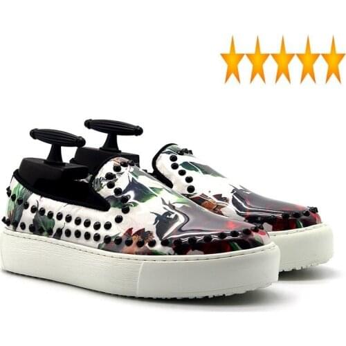 Casual 2021 New Loafers Hand-Painted Black Rivet Luxury Punk Shoes Men Trainers Top Quality Slip-On Flats Thick Platform Sneaker