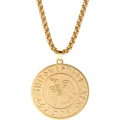Nordic Amulet Necklace Stainless Steel Raven Pendant Odin Symbol Norse Runic Viking Talisman Necklace Fashion Men Women Jewelry