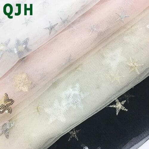 Newest African tulle lace fabrics with sequins soft mesh cloth starfish shape embroidered net yarn for evening dress material