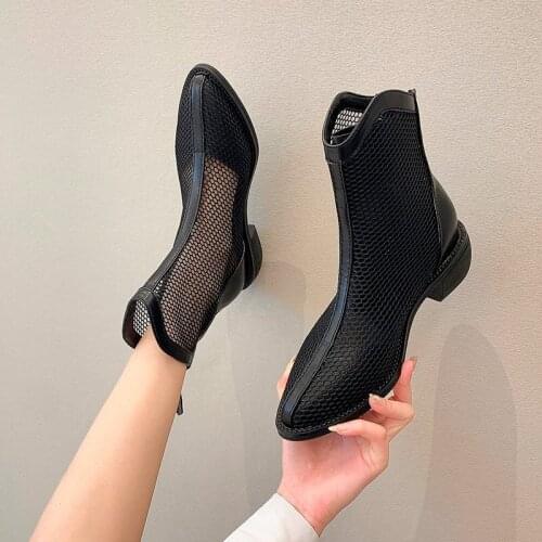 New Womens Summer Sexy Boots Ladies Square Heels Pointed Toe Hollow Breathable Sandals Footwear Mesh Mid-Calf Sewing Shoes Lady