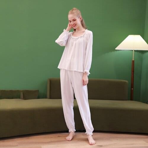 Womens Spring Autumn Solid Color Lace Elegant Rayon Long Sleeve Trousers Sweet Palace Style Pajamas 2PCS Set Home Clothes PJs