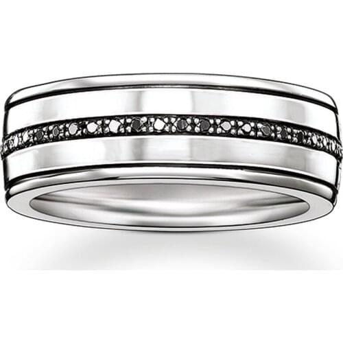 Silver Band Rings with Two Black Line & One Row Black CZ , 2018 Trendy Thomas Style Eternity Ring Jewelry Gift for Women Men