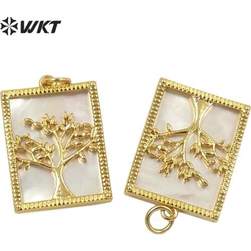 WT-MP209 Wholesale natural white shell background gold life tree pendant women DIY jewelry design tiny charms pendant