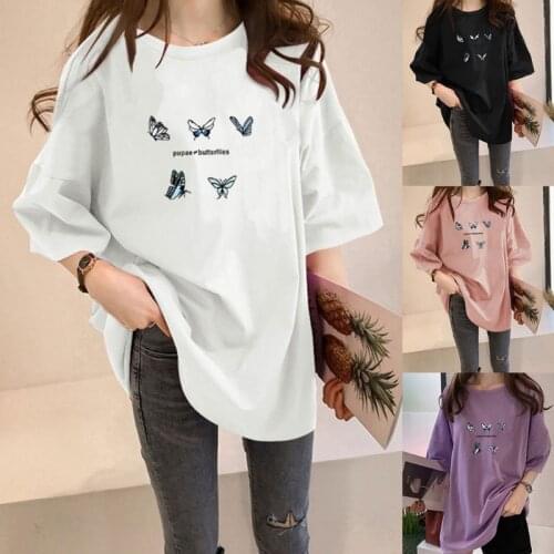 Women Summer Half Sleeve O-Neck T-Shirt Harajuku Butterfly Letters Print Tee Tops Graphic Casual Loose Long Tunic Blouse