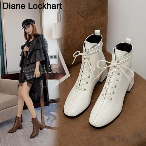 Female Ankle Boots Black White Boots Women Casual Low Heels Short Boots Lace Up PU Leather Large Size 34- 43 Shoes Woman Autumn