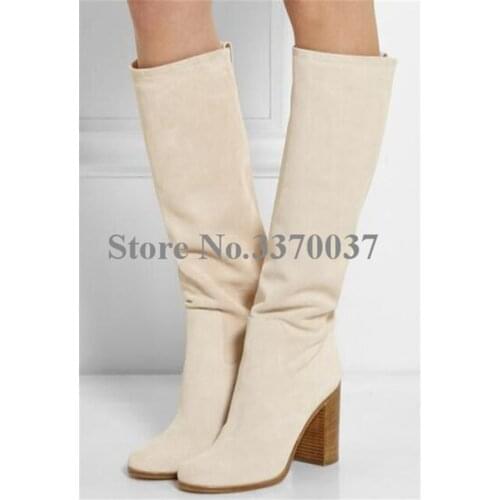 New Design Women Fashion Round Toe Suede Leather Chunky Heel Knee High Boots Women Elegant Long Thick Heel Boots Real Pictures