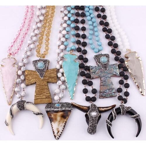 ZWPON 2020 Ethnic Lava Stone Beads Cross Horn Pendant Necklace for Women Knot Natural Stone Long Statement Bull Skull Necklace
