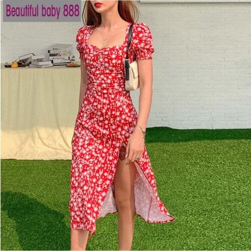 New Summer Ruffles Puff Sleeve Slim Split Midi Dress Vestido Romance Retro Dress Women Floral Print Square Collar Sexy Dresses