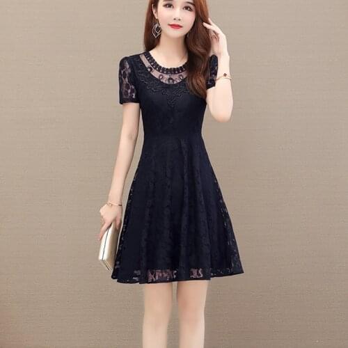 Plus Size 4XL Elegant Women Knee-Length Dress Spring Summer Casual Mesh Dress Women Fashion Hollow Workwear Lace Dress Ladies