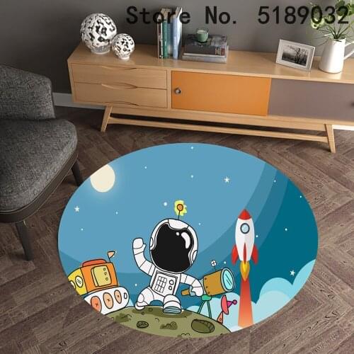 4 Sizes Cartoon Style Astronaut Spaceship Outer Space Pattern Round Carpet Non-Slip Bath Mat Area Rug for Living Room Decor