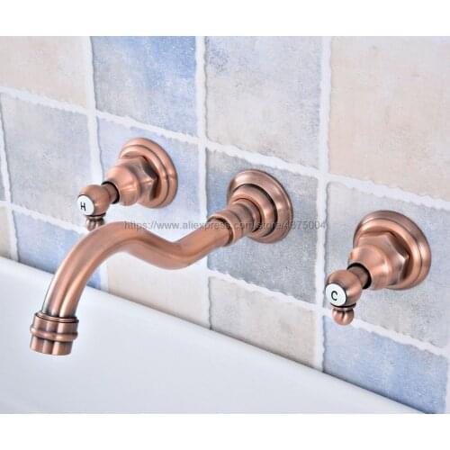Antique Red Copper Basin Facute Dual handle Wall Mounting Bathroom Faucet Rotating Sink faucet Nsf522