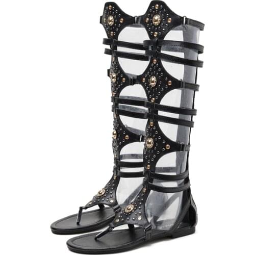 Summer Long Boots Punk Rivet Hollow Out Flat Sandals Black Thong Sandals Casual Gladiator Sandals Flats Back Zipper Ladies Boots