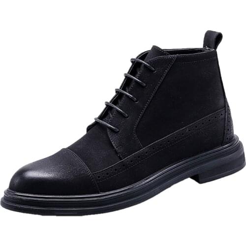 Spring Autumn Fashion Ankle Boots Men High Help Casual Leather Shoes Men Lace-up Black Pointed Vintage Classic Men Shoes