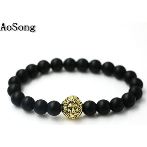 BPPCCR Matte Black onyx Prayer Beads Lion head beads Bracelet Gold Silver color Hombres mujeres pulsera Men Women bijoux
