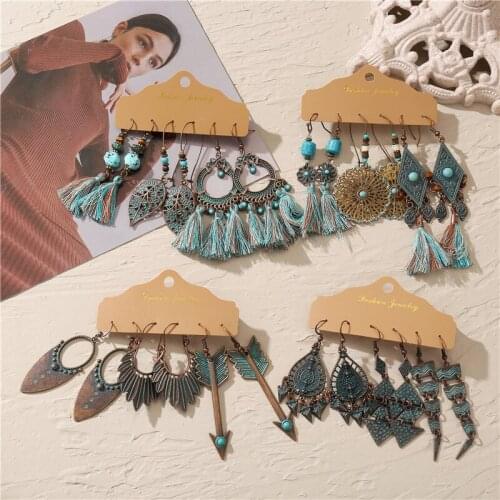 Ethnic Patina Green Geometric Drop Dangle Earrings Set Bohemian Tassel Flower Leaf Arrowhead Vintage Earrings for Women