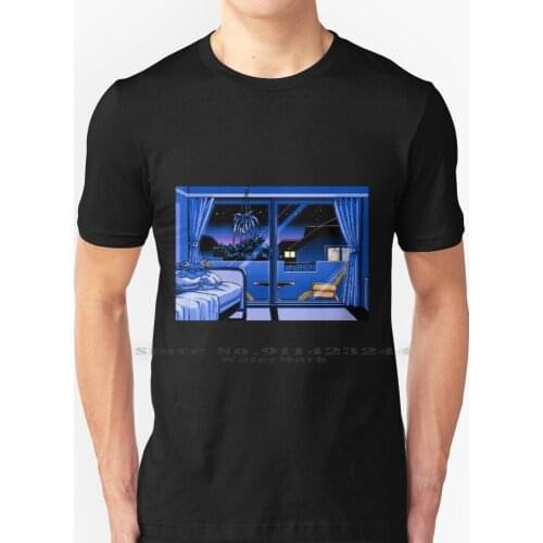 Night Room T Shirt 100% Pure Cotton Pixel Art 8bit 16bit Games Nerd Geek Aesthetic Japan Hotel Motel Night Blue Noire Stars