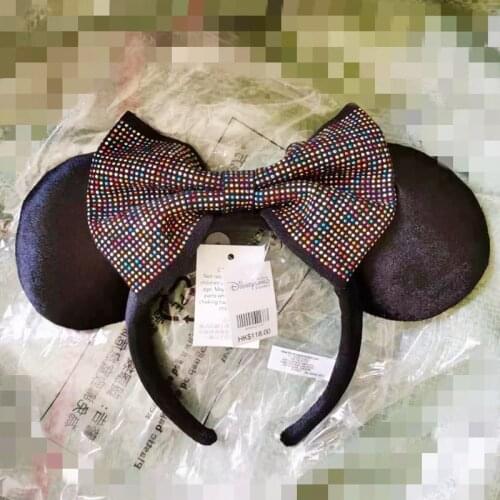 Hong Kong Disney Velvet Bright Face Mickey Ears Headband Color Diamond Bow Hairpin Classic Fashion Hair Accessories