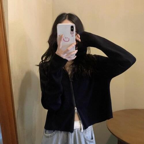 GOOHOJIO 2020 New Chic Solide Color Cardigans Sweater Zipper Autumn Women Sweater Oversize V-neck Knit Cardigans Women Outwear